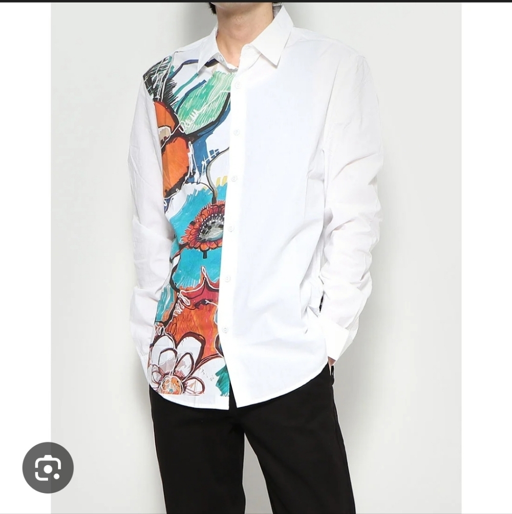 Desigual Graphic Button Down Shirt White Art Print Long Sleeve Size L